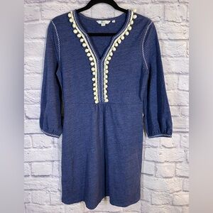 Boden Carina Blue Pom-Pom Trim Tunic Dress 100% Cotton Size UK 10 / US 6